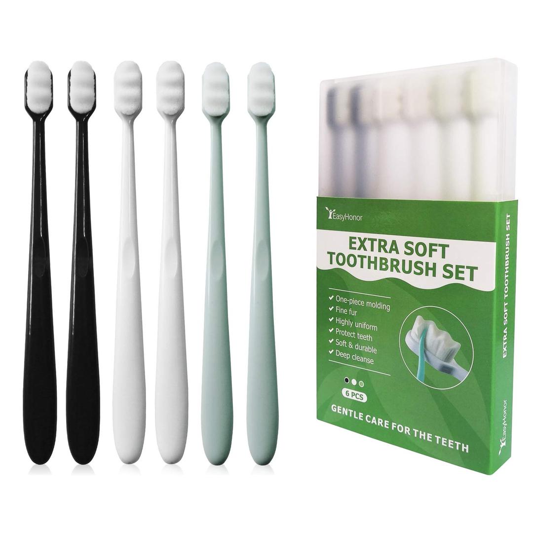 EasyHonor Extra Toothbrush for Sensitive Gums, Micro Fur Manual Toothbrush with 20000 Soft Floss Bristle for Pregnant Women, Elderly, Braces and Gum Recessions, Protect Fragile Gums (6 Pack, (white bristles))