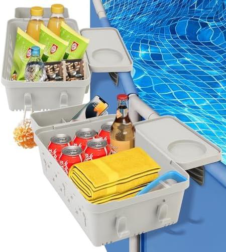 Upgrade Poolside Storage Basket, Swimming Pool Storage Basket with Pool Cup Holder Above Ground Pool Accessories , Adjustable Width Pool Side Storage Bin to Organize Cup Towel, Fits 3" Rails (2pack)
