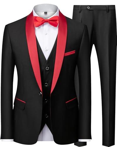 Mens Suit 3 Piece Slim Fit Suits for Men Wedding Prom Tuxedo for Men Formal Business Suit (Black Red, 2XL)