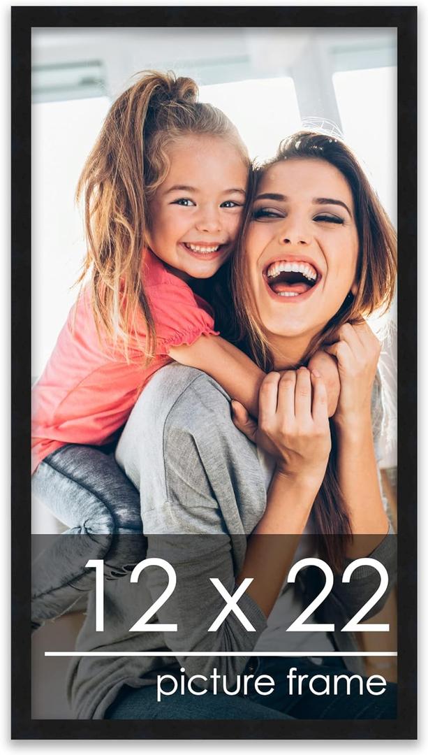 Poster Palooza 12x22 Frame Black Solid Wood Picture Frame | 0.75 Inch Moulding Width | Includes UV Acrylic Plexiglass, Foam Board Backing & Hanging Hardware