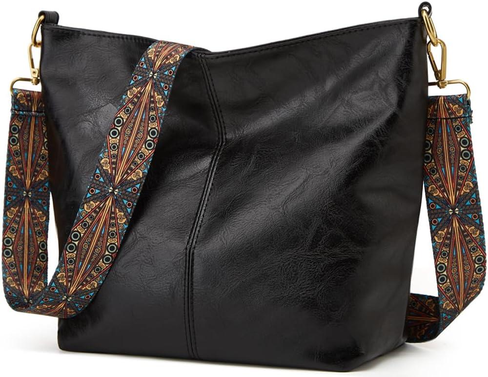 Hobo Bag for Women Crossbody Handbags Large Designer Ladies Bucket Purse PU Leather Shoulder Bags with Wide Shoulder Strap (One Size, Black)