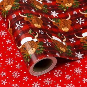 WRAPAHOLIC Reversible Highland Cow Christmas Wrapping Paper - Mini Roll - 17 Inch x 33 Feet - Cow and Snowflake Wrapping Paper for Xmas Holiday, Party Celebration