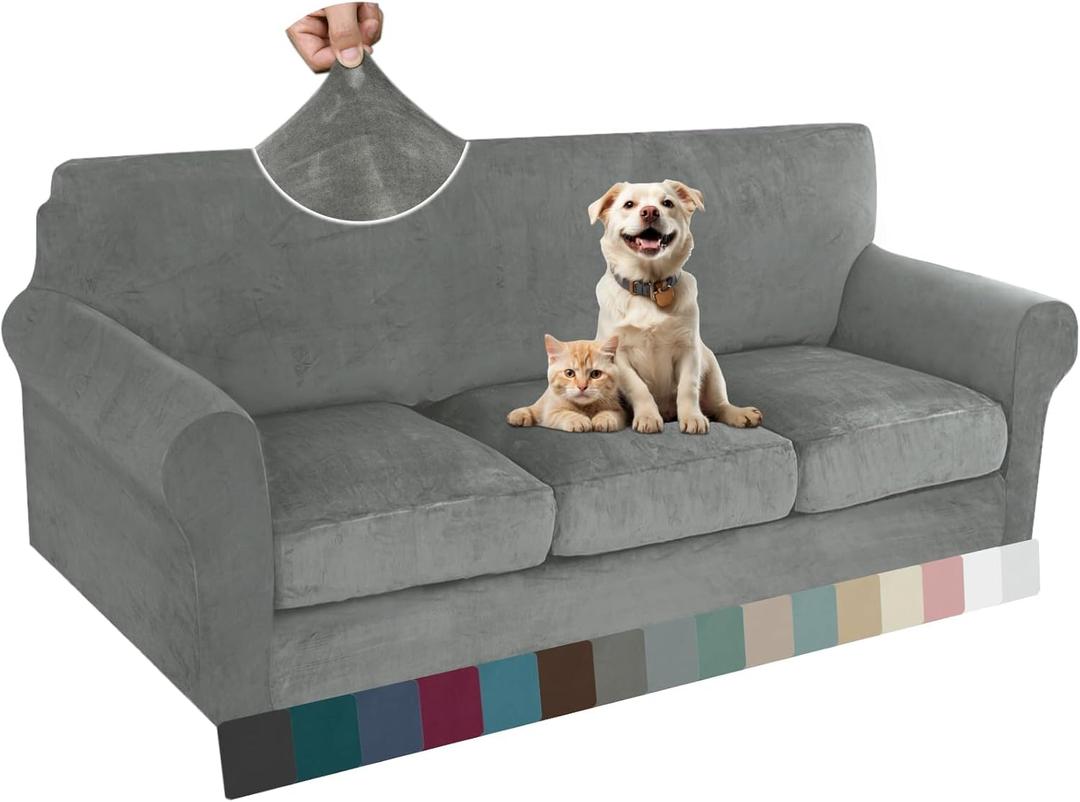 ZNSAYOTX Luxury Velvet Couch Cover 4 Piece (72"-92") Stretch Sofa Covers for 3 Cushion Couch Thick Soft Sofa Slipcover with Non Slip Strap, Dog Pet Friendly Nice Furniture Protector (Grey)