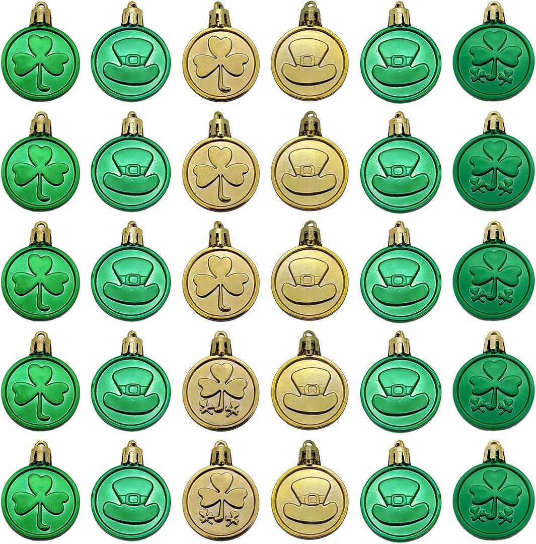 St. Patrick's Day Ornaments Set - 30 Pcs Shamrock & Top Hat Decorations with Pre-Attached Hanging Strings for Easy Setup - Green & Gold Holiday Decor (Round Shamrocks)
