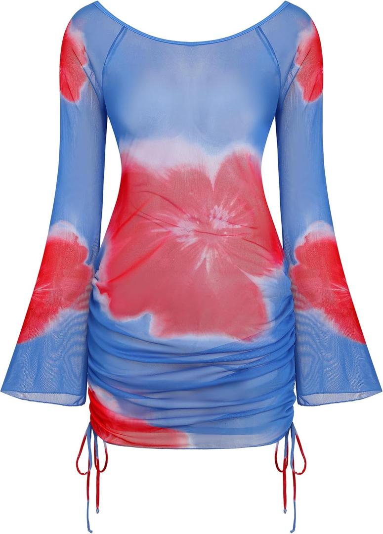 ZAFUL Womens Swimsuit Cover Up Dress Off Shoulder Hollow Coverup Bathing Suit Mesh Swim Beach Dress (Medium, 0-1blue)