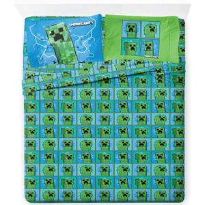 Jay Franco Kids Sheet Set with Fitted, Flat Sheets & Pillow Cover - Ultra-Soft Bedding with Pillowcase for Room Decor, Blue - Minecraft Creeper, 4 Piece Full