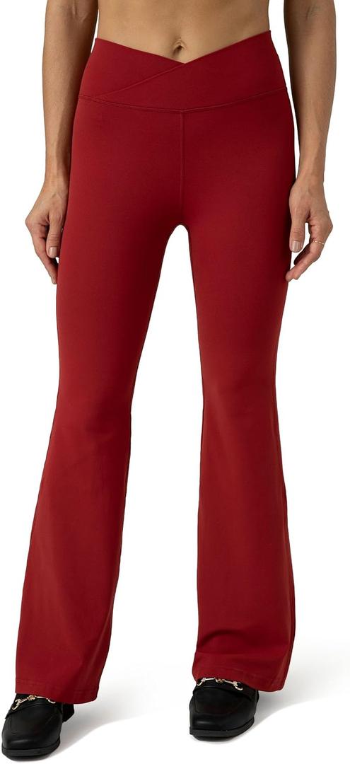 Colorfulkoala Women's Dreamlux Crossover Flare Leggings High Waisted Tummy Control Wide Leg Yoga Pants 29.5" / 31.5" Inseam (Red, S)