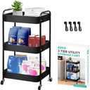ZOES HOMEWARE 3 Tier Rolling Cart, Metal Utility Cart with 4 Hooks, Rolling Storage Cart on Wheels, Small Organizer Cart for Nursery, Kitchen, Living Room, Bathroom, Black