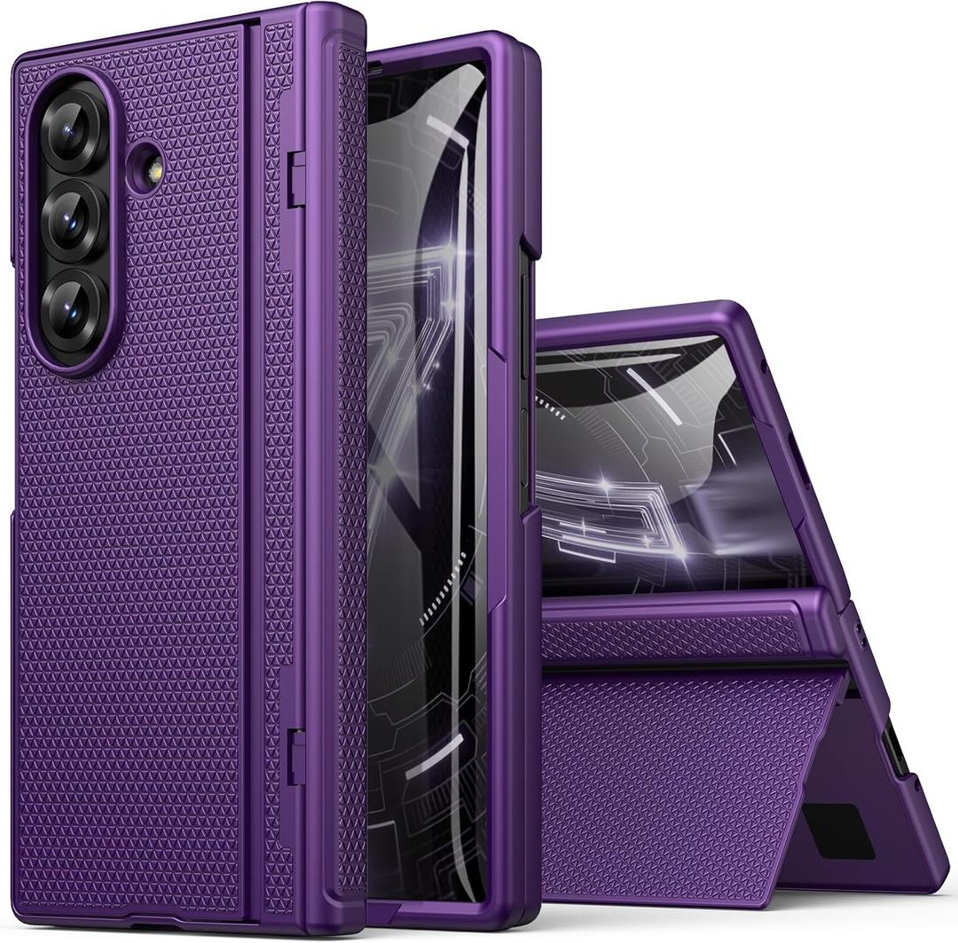 For Samsung Galaxy Z Fold 7 Slim Case with Stand, Glass Screen Protector, Full Hinge Protection, Thin & Rugged, Shockproof Protective Phone Case Cover for Samsung Galaxy Z Fold7 2025, Purple