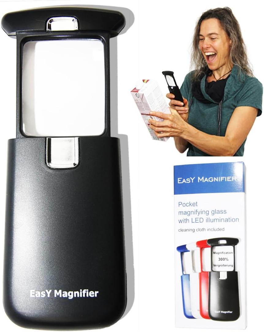 EasY Magnifier Small Pocket Magnifying Glass 3X with LED Light For Reading Fine Print; Mini Lighted Hand Held Acryl Lens; Read Lables In Stores; Magnify Glasses For Close Work;Helpful Gift For Seniors