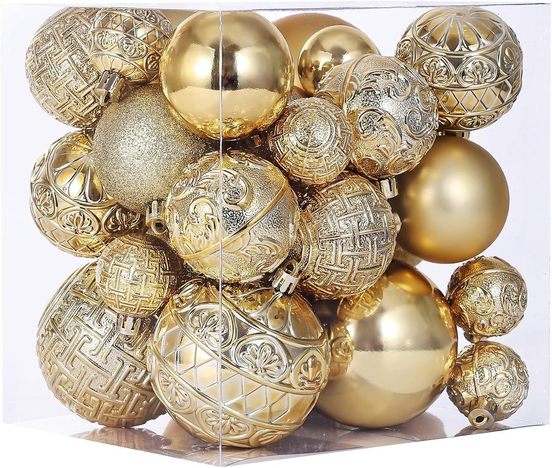 46 Pcs Gold Christmas Ball Ornaments, Shatterproof Christmas Tree Ornaments Set with Velvet Christmas Bows Decor, Vintage Xmas Decorations with Hanging Hooks in 3 Sizes(Small Medium Large)