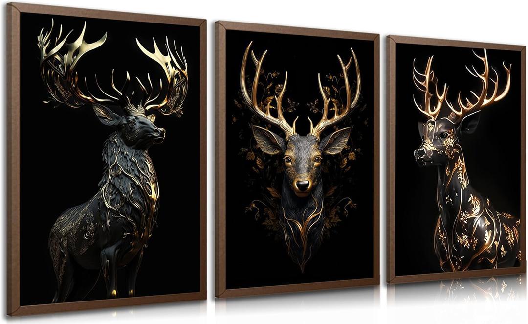 3pcs Black Gold Elk Canvas Wall Art Modern Deer Theme Posters Prints Paintings Wildlife Pictures Wall Decor for Bedroom Living Room Office Bathroom Decoration Unframed