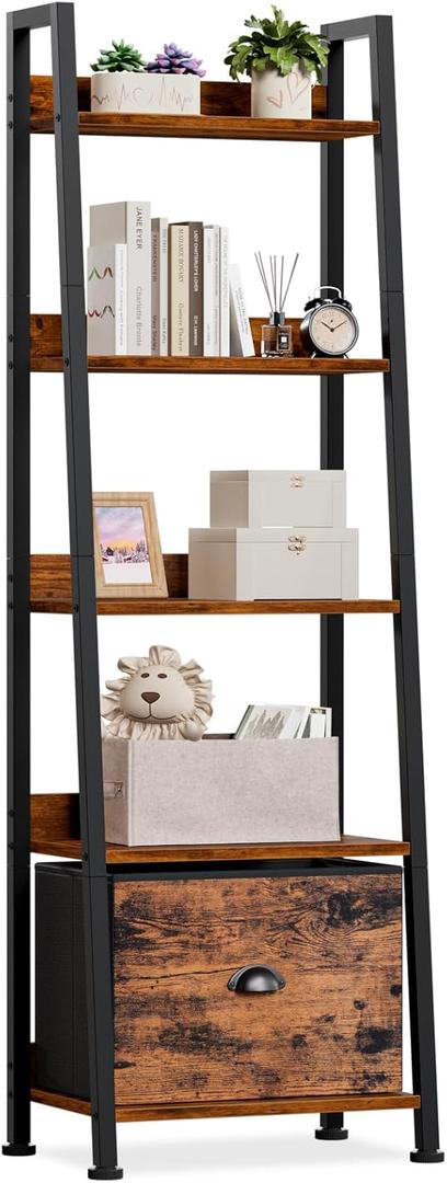 Furologee 5-Tier Ladder Shelf, Ladder Bookshelf with Removable Drawer, Rustic Bookcase Storage Rack Organizer, Wood Metal Freestanding Storage Shelf for Living Room, Home Office, Bedroom, Balcony (5-Tier, Rustic Brown)