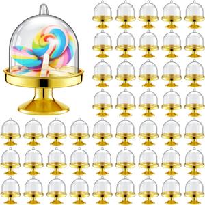 Tessco 48 Pieces Mini Plastic Cupcake Stand with Dome Cover Chocolate Candy Round Mini Cake Holder with Lid Dessert Display Holder Candy Box for Dessert(Gold)