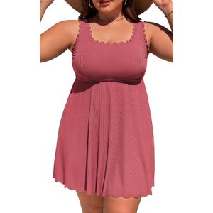 Charmo Women Plus Size Swim Dress Scalloped Square Neck One Piece Swimsuit Tummy Control Bathing Suit Rushed Swim Suits 2026, Pink 3XL