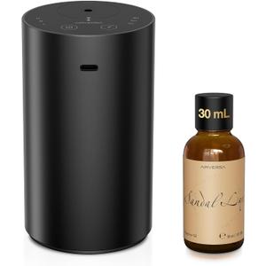 Airversa Waterless Essential Oil Diffuser Starter Kit with 30mL Sandal Lux Fragrance Oil Inspired by Luxury Hotel Scent for Home Car Office, Aroma Air Diffuser, Baterry Operated, ADX-Kit Metal Black