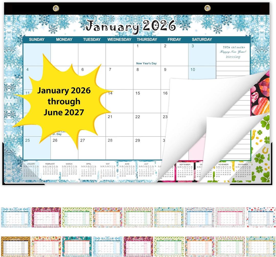 GuassLee Desk Calendar 2026-2027, Desktop Calendar Monthly Pages 17" x 11.5" Runs from Jan.2026 to Jun. 2027-18 Monthly Hanging Calendar with Corner Protectors for School, Home and Office (Jan Deep Blue)