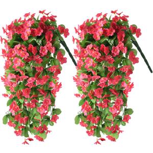 ZFProcess Artificial Fake Hanging Flowers Plants for Outdoor Spring Summer Decoration, 2PCS Faux Silk Violet UV Resistant Look Real Trailing Vines for Outside Home Planter Porch Patio(Rose red)