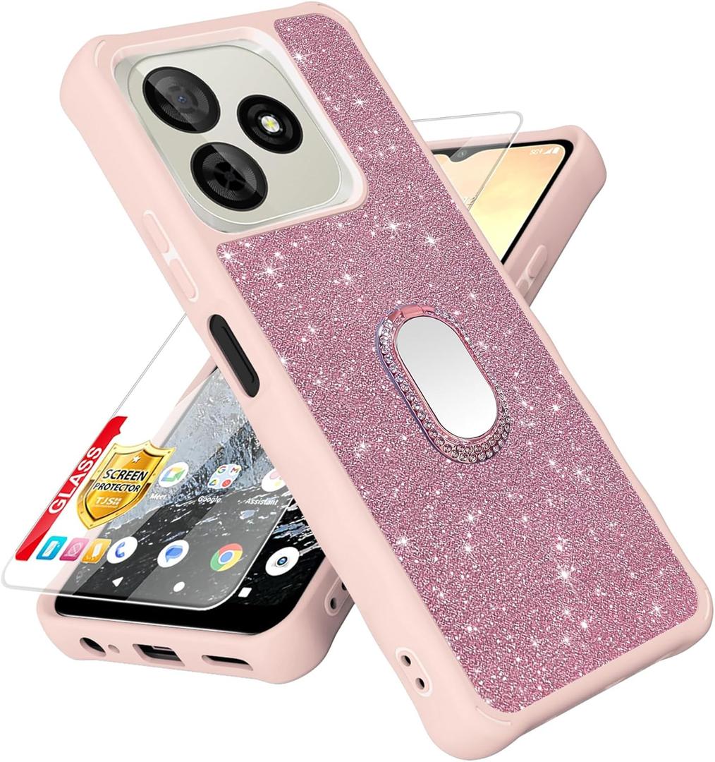Compatible with BLU G65L Case [with Tempered Glass Screen Protector][Mirror Ring][Glitter Powder] for Pinwheel Genesis 4 Leather Phone Case Cover (CSK-Pink)