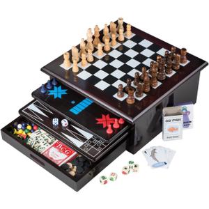 Board Game Set - Deluxe 15 in 1 Tabletop Wood-accented Game Center with Storage Drawer (Checkers, Chess, Chinese Checkers, Parcheesi, TicTacToe, SOlitaire, Snakes and Ladders, Mancala, Backgammon, Poker Dice, Playing Cards, Go Fish, Old Maid, and Dominos)