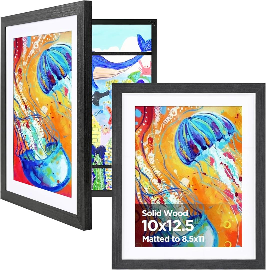KINLINK 10x12.5 Kids Art Frames Set of 2, Solid Wood Kids Artwork Frames Changeable with Acrylic Front Opening Holds 150 Pictures, Art Frame for Kids Artwork with Mat or without Mat, Black Wood