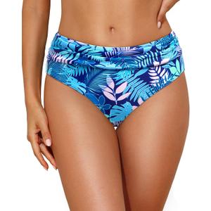 Tempt Me Women Blue Leaves Mid Rise Bikini Bottoms Full Coverage Swimsuit Ruched Scrunch Swim Bottom M