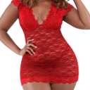 Women's Plus Size Chemise Floral Lace Lingerie Bodysuit Mesh Babydoll Sleepwear C16 (3X-Large, Red)
