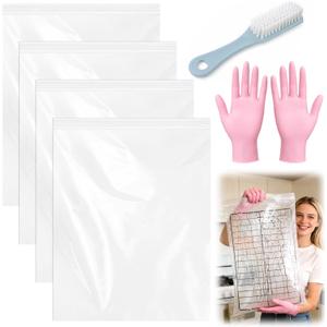 Juome Oven Rack Cleaning Bags, 4 Pack Reusable No Scrub Oven Rack Cleaning Bags Kit with 6 Gloves & 1 Brush, Leak Proof PE Cleaner Bags (19.7 * 27.5 inch) for Deep Soaking BBQ Racks, Grill Grates