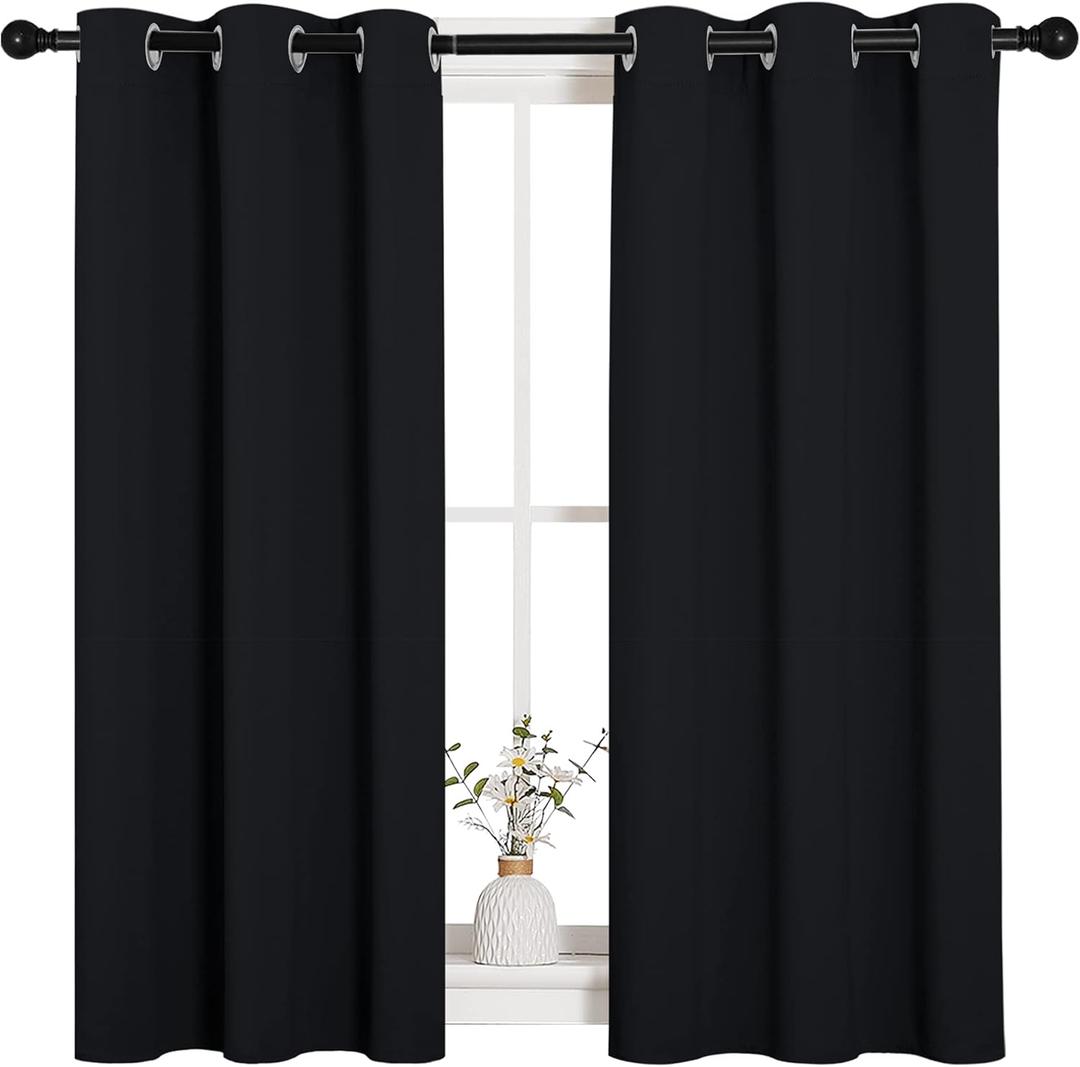 NICETOWN Halloween Bathroom Blackout Curtains and Drapes, Black Solid Thermal Insulated Grommet Blackout Drapery Panels for Window (2 Panels, 34 inches Wide by 45 inches Long, Black) (34"W x 45"L (Pack of 2), Black)