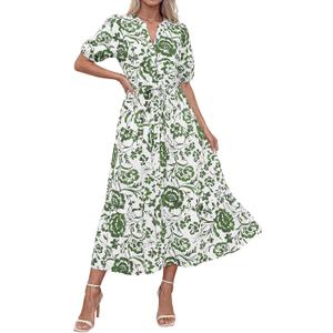 Okiwam Summer Dresses for Women 2026 Casual V Neck Short Sleeve Boho Floral Midi Dress Button Down Beach Vacation Sundress, Large