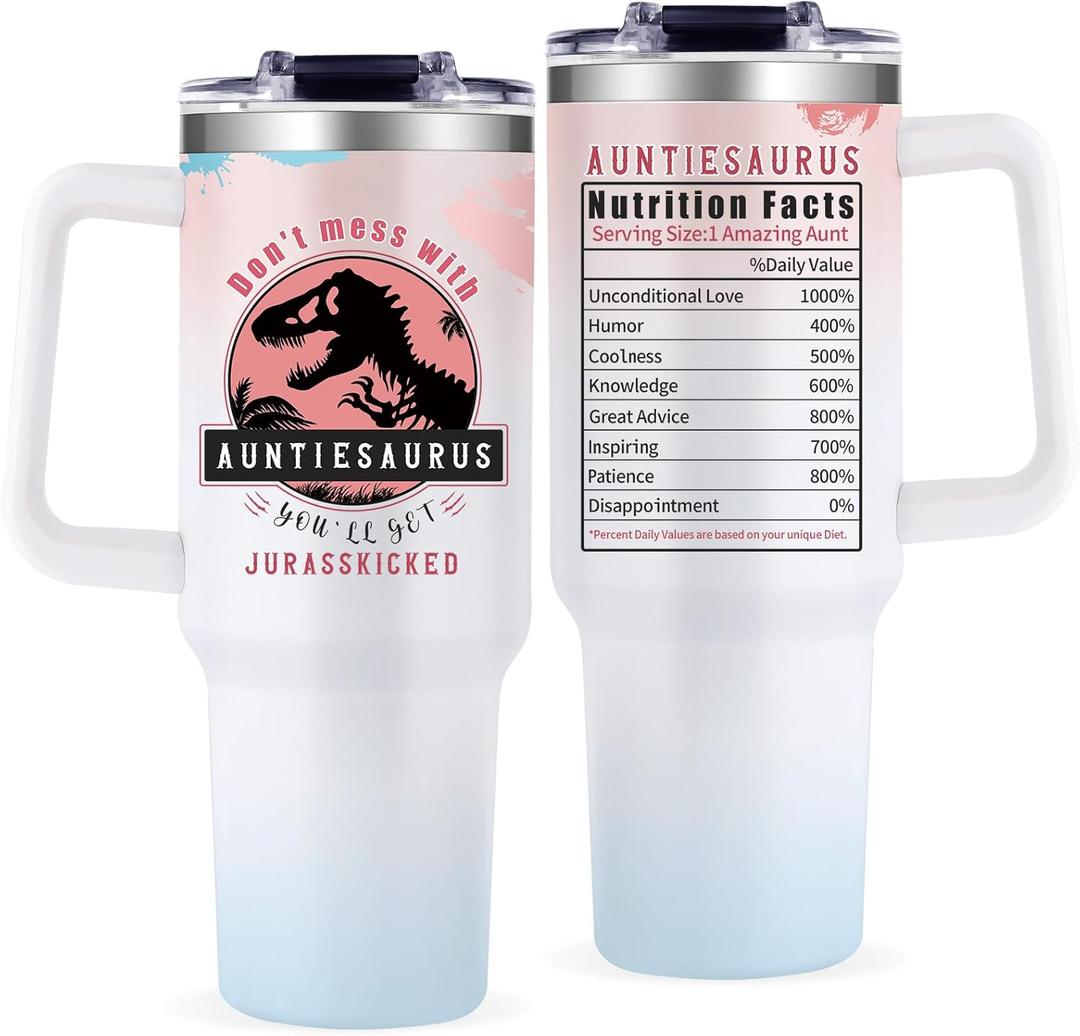 Aunt Tumbler Gift for Aunt For Mothers Day from Niece Aunty Gifts from Nephew - 40oz Gradient Pink Funny Tumbler Dinosaur Cup - Unique Birthday Gift Thank You Christmas Gifts for Aunts
