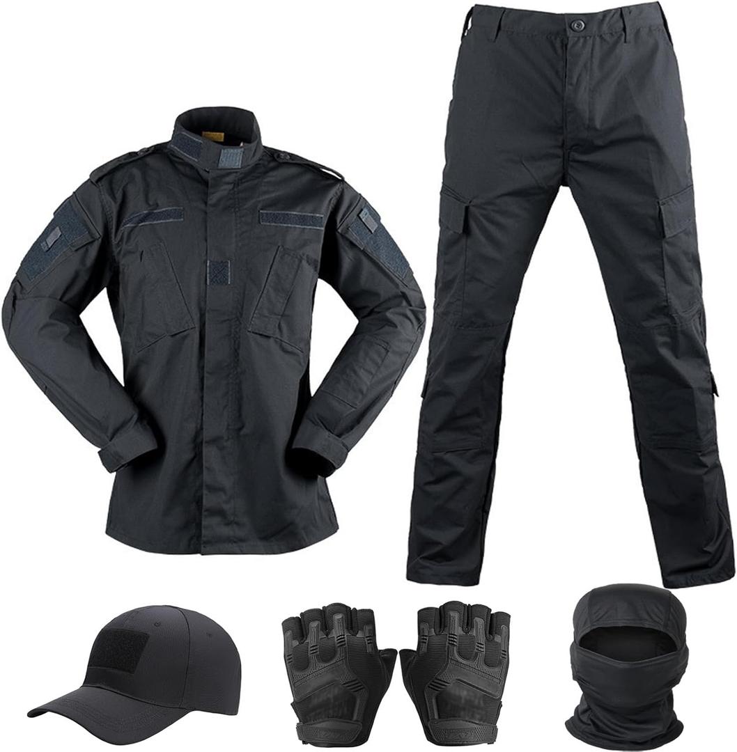 Tactical Suit,Combat Pants and Shirt,Cap Gloves Balaclava Set,Black Camo Uniform Men's Military Airsoft Gear (Medium, Bdu-bk)