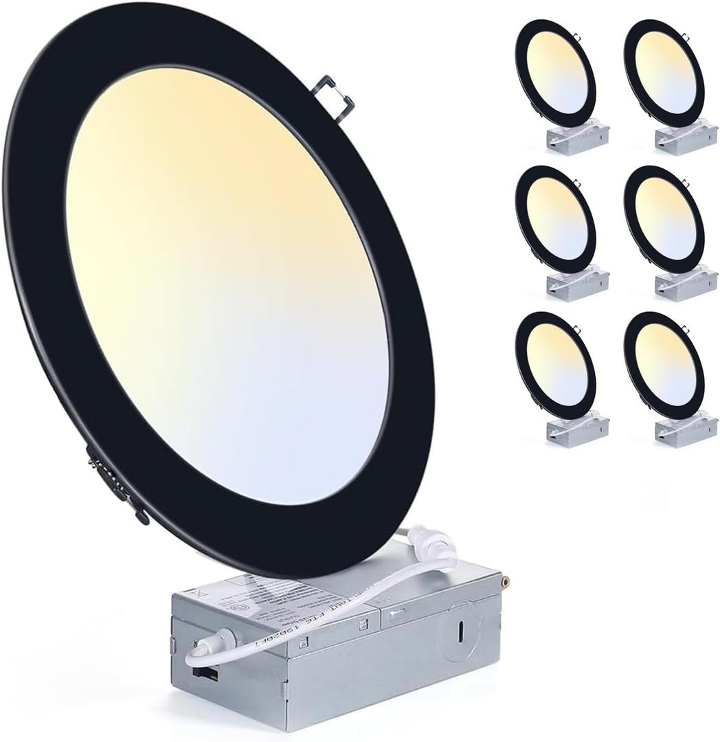 ZYC 8 Inch Recessed Lighting - 18W 1802LM Black Recessed Lighting,Dimmable 5CCT 2700K/3000K/3500K/4000K/5000K Selectable,IC Rated,Ultra-Thin Dimmable Canless Wafer Downlight Pack of 6 Black.