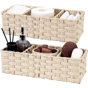 GRANNY SAYS Bathroom Baskets for Organizing, Wicker Basket for Storage, Wicker Baskets for Shelves, Waterproof Back of Toilet Storage Basket, 3 Section Bathroom Organizer Basket, 2-Pack (Butter Milk)
