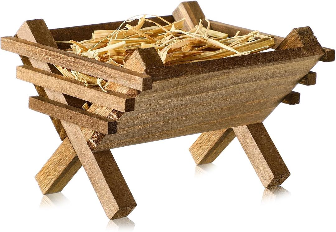 Menkxi Baby Jesus Manger Ornament Wooden Manger with Natural Hay Jesus Nativity Scene Decoration Religious Christmas Decoration Mini Manger for Indoor Nativity Scene