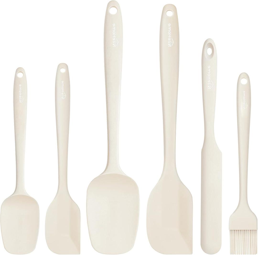 NileHome Silicone Spatula Set, 6 Pieces Food Grade Kitchen Utensils with Silicone Brush Heat Resistant Dishwasher Safe BPA-Free Rubber Spatula for Scraping, Baking, Cooking, Mixing-Ivory