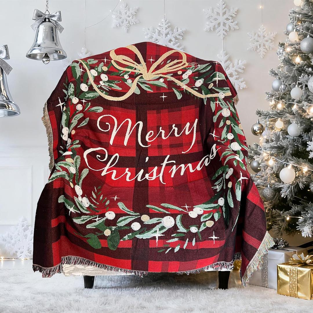Dansyoo Merry Christmas Throw Blankets with Tassels Xmas Holiday Printed Wreath Blanket Red Plaid Blanket for Couch Chair Sofa Bed Outdoor Beach Travel 63"x86" (Color3)
