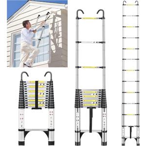JADDUO 12.5 FT Telescopic Ladder, Aluminium Silver Telescoping Ladder with Non-Slip Feet and Stable Hook, Portable Extension Ladder for Household and Outdoor Working, Heavy Duty 330 lbs Max Capacity