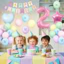 2nd Birthday Decoration for Girls,Easter Pastel Rainbow 2nd Balloon Number 2 Balloon Butterfly Stickers Star Heart Foil Balloons Banner for Baby 2 Year Old Party Decor