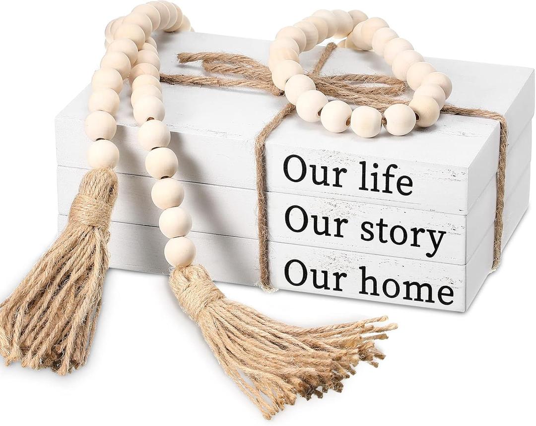 Jetec Decorative Display Books Hardcover, Faux Farmhouse Stacked for Coffee Tables Shelves with Wood Bead Tassels 58 Inch, 3 Pieces, White(Our Life, Our Story, Our Home)