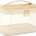 RSRSLEII Boho Large Clear PVC Waterproof Makeup Bag with handle, Transparent Zipper Cosmetic Bag for Travel, Beach Bag for Sun screen Skincare (01Large size-Beige)