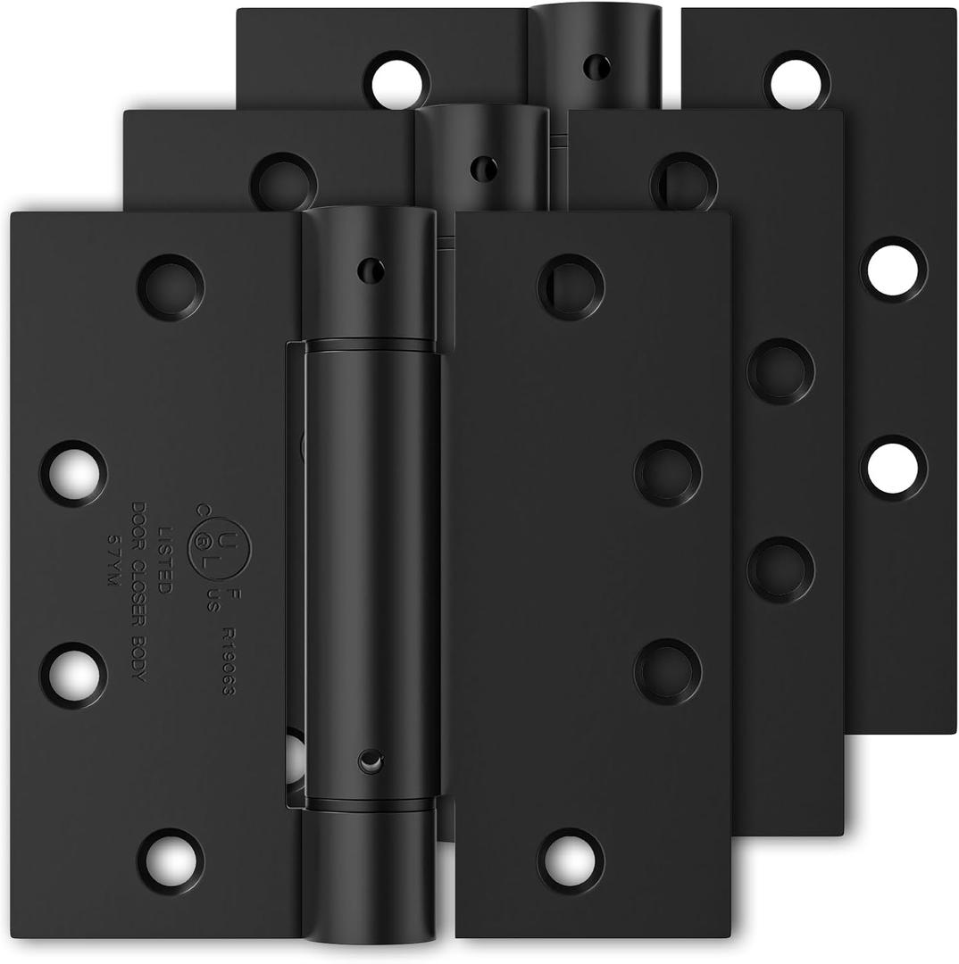 3 Pack Self Closing Door Hinges 4.5 Inch, Matte Black Spring Loaded Hinges with Square Corners, Adjustable Tension for Garage, Front Door, for Left and Right Hand Door, UL Listed