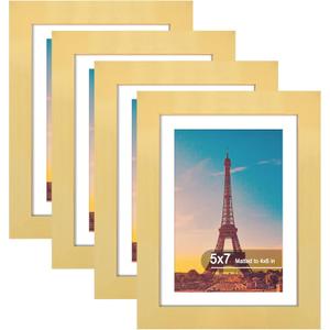 5x7 Picture Frame Set of 4, High Definition Real Glass, Display Pictures 4x6 with Mat or 5x7 Without Mat, Gallery Wall Hanging or Tabletop Photo Frames, Gold