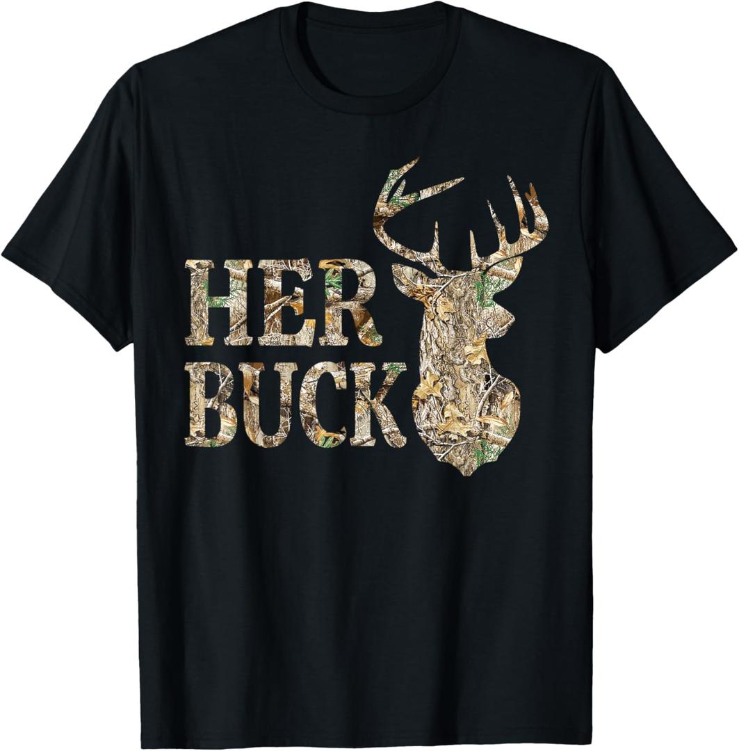Retro Her Buck Camo Deer Hunting Camouflage Matching Couple T-Shirt, 2XL