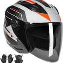 Open Face 3/4 Motorcycle Helmets for Adult Men Women, DOT Approved Dual Visor Street Bike Racing Helmet, Motorbike ATV Moped Cruiser Helmet with Gloves & Mask (Matte Gray Red, M)