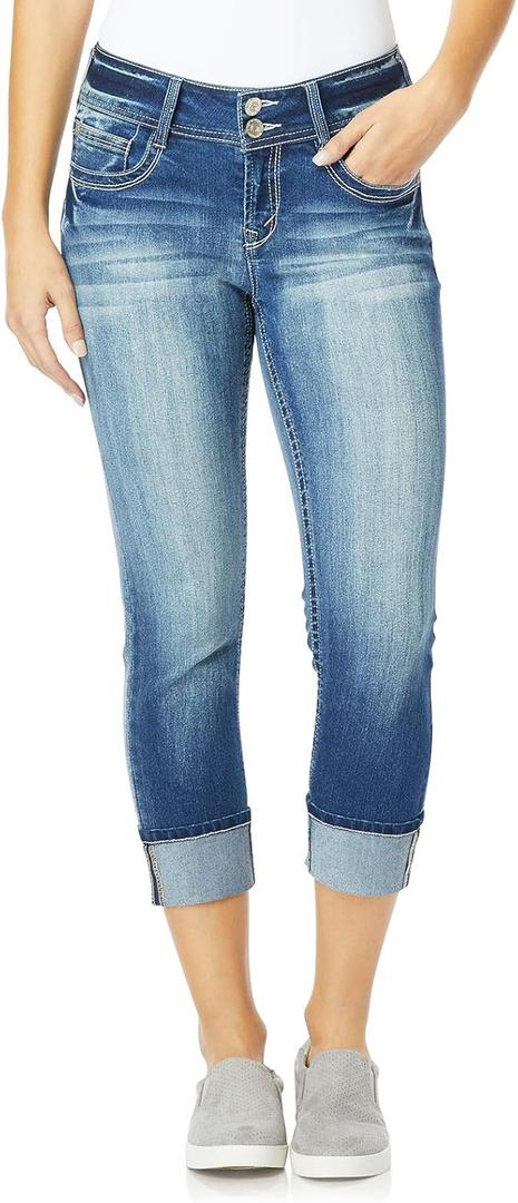 WallFlower Luscious Curvy 23.5 Mid-Rise Cropped Jeans for Women, Insta Stretch Denim Juniors Jeans (Blue, S)