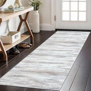 KOZYFLY Modern Abstract Kitchen Runner Rug, 2x6 Washable Rug Runner Non-Slip Soft Striped Hallway Runner Rugs, Beige Print Distressed Carpet Runner for Entryway Bathroom Laundry Room Foyer (Beige/Slate Pink)