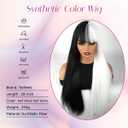forfeels Synthetic Wig Black And White Wig For Women 28 Inches Cosplay Wig Heat Resistant Synthetic Wig With Bangs Straight Synthetic Hair For Halloween