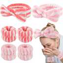 WHAVEL 6PCS Spa Headband and Wristbands Set, Face Wash Headband Wrist Bands for Washing Face Makeup Skincare Hair Band Skin Care Accessories Tools (Pink Striped)