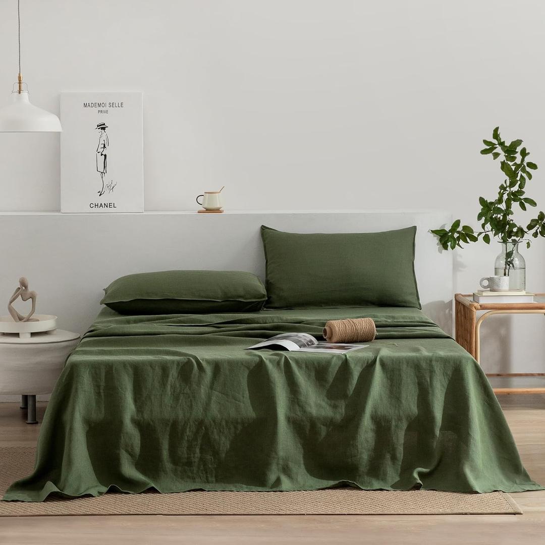 EVERLY Linen Sheets Set King Size,100% French Stonewash Pure Linen Bed Sheet, 1 Piece Flat Sheet Suitable for Hot Sleepers, Deep Pocket Natural Bedding Set, Mossy Green